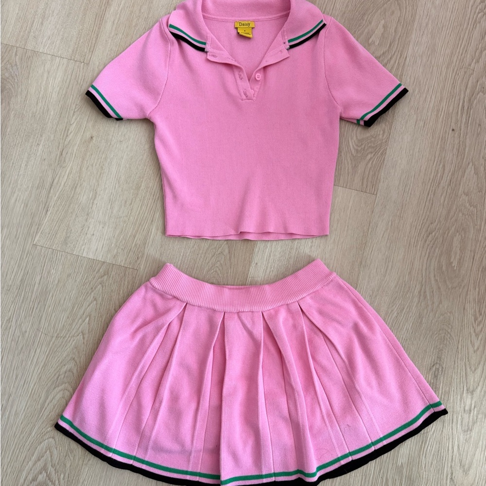 Daisy Pink Tennis Polo Crop Top and Pleated Skirt Set